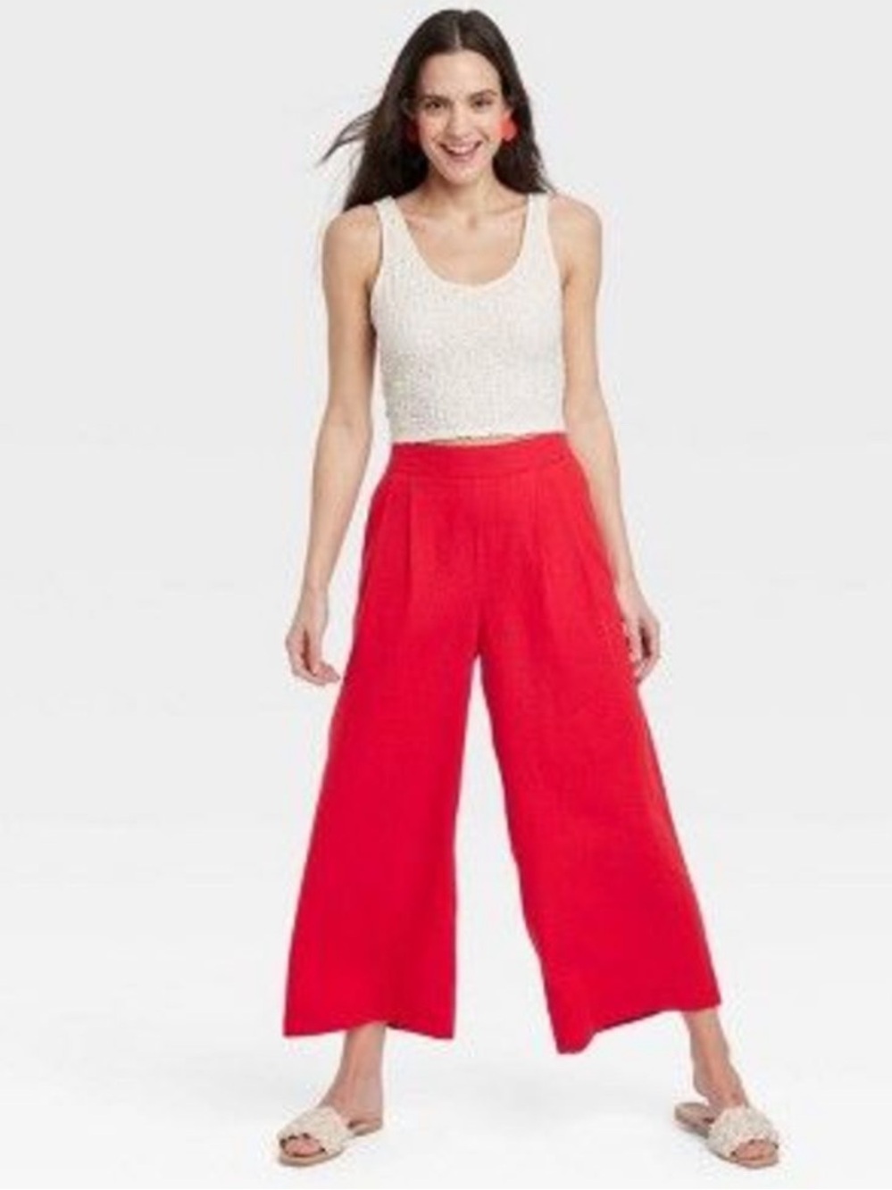 a new day Bright Red Wide-Leg Linen Blend Crop Pants